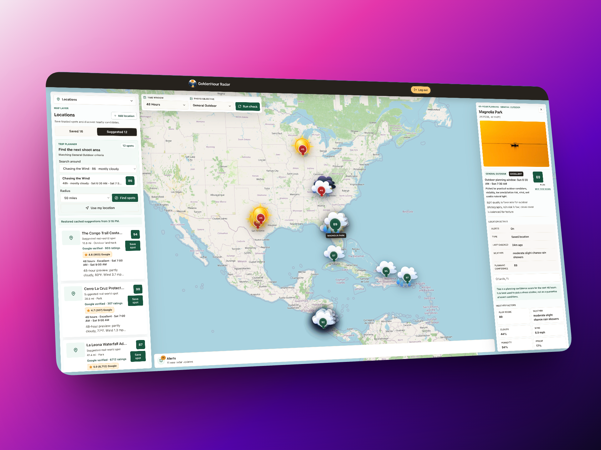 Golden Hour Radar AI-powered photography dashboard with map, weather scores, and suggested photo locations